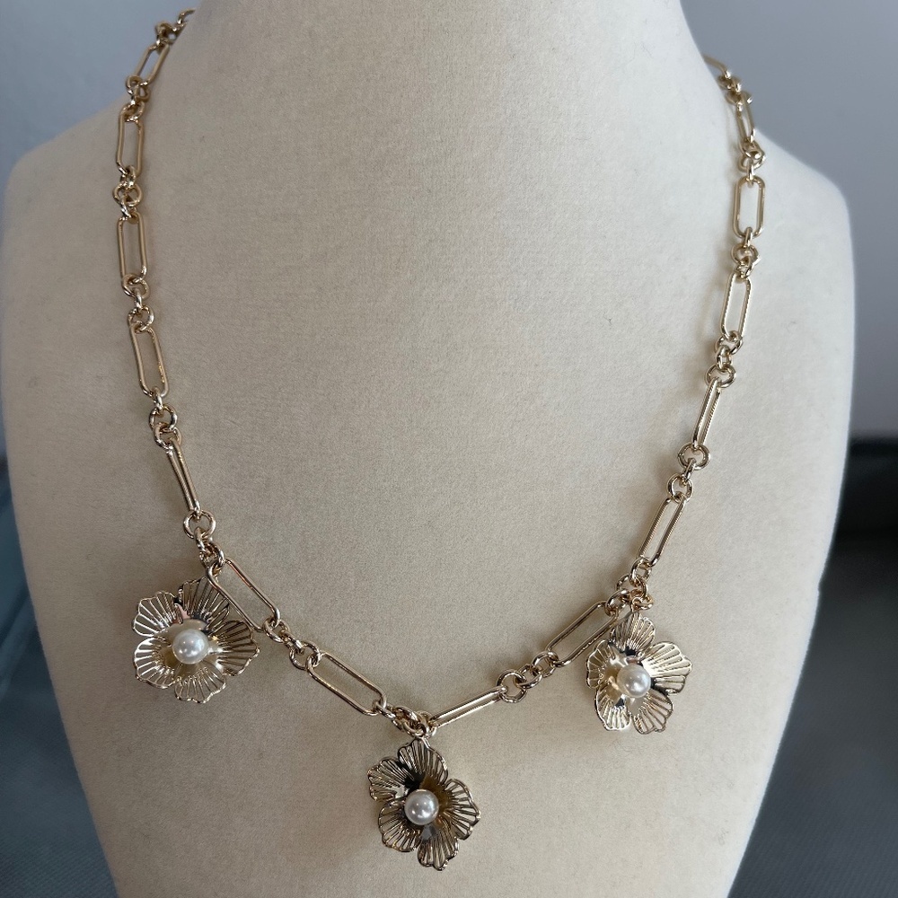 J. Crew Factory Floral Statement Necklace - Gold and Pearl - NWT